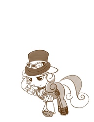 Size: 638x825 | Tagged: safe, artist:bunnimation, sweetie belle, pony, unicorn, clothes, female, filly, goggles, hat, monochrome, photoshop, raised hoof, simple background, solo, steampunk, top hat, white background
