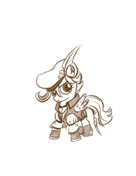 Size: 638x825 | Tagged: safe, artist:bunnimation, scootaloo, pegasus, pony, clothes, feather, female, filly, hat, monochrome, photoshop, simple background, solo, steampunk, white background