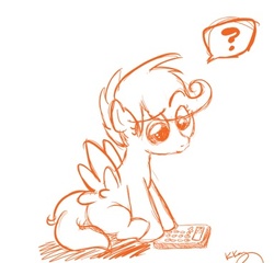 Size: 383x368 | Tagged: safe, artist:bunnimation, scootaloo, pegasus, pony, g4, blank flank, calculator, confused, female, filly, lineart, monochrome, photoshop, question mark, request, signature, simple background, sitting, solo, white background