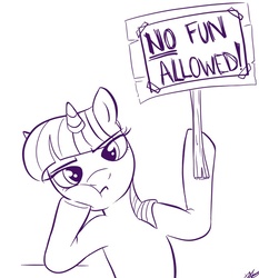 Size: 638x685 | Tagged: safe, artist:bunnimation, twilight sparkle, pony, unicorn, female, lineart, looking at you, mare, monochrome, no fun allowed, photoshop, reaction image, sign, simple background, solo, unicorn twilight