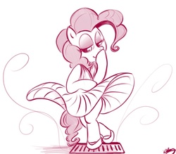 Size: 587x514 | Tagged: safe, artist:bunnimation, pinkie pie, earth pony, pony, semi-anthro, bipedal, clothes, dress, female, mare, marilyn monroe, monochrome, paraskirt, photoshop, simple background, skirt blow, smiling, solo, standing, the seven year itch, white background