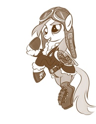 Size: 638x825 | Tagged: safe, artist:bunnimation, derpy hooves, pony, aviator hat, bomber jacket, boots, clothes, female, flying, goggles, hat, mare, monochrome, photoshop, simple background, solo, steampunk, white background