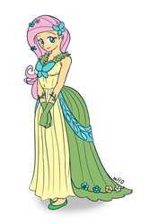 Size: 600x900 | Tagged: safe, artist:empty-10, fluttershy, human, g4, clothes, dress, female, flower, flower in hair, gala dress, gloves, humanized, photoshop, simple background, solo, white background