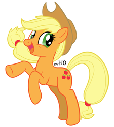 Size: 540x600 | Tagged: safe, artist:empty-10, applejack, earth pony, pony, g4, female, happy, mare, open mouth, open smile, photoshop, rearing, signature, simple background, smiling, solo, white background