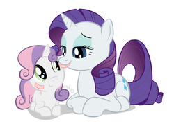 Size: 600x436 | Tagged: safe, artist:empty-10, rarity, sweetie belle, pony, unicorn, g4, bandaid, belle sisters, cute, daaaaaaaaaaaw, diasweetes, female, filly, first aid, injured, mare, photoshop, prone, raribetes, simple background, white background, wholesome