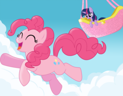 Size: 1200x936 | Tagged: dead source, safe, artist:volmise, pinkie pie, twilight sparkle, earth pony, pony, unicorn, g4, falling, female, hot air balloon, jumping, mare, twinkling balloon