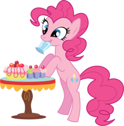 Size: 1571x1594 | Tagged: dead source, safe, artist:volmise, pinkie pie, earth pony, pony, g4, adobe imageready, bipedal, bipedal leaning, cake, cupcake, female, food, leaning, mare, mouth hold, photoshop, simple background, solo, sprinkles, table, transparent background