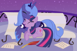 Size: 1200x800 | Tagged: dead source, safe, artist:volmise, princess luna, twilight sparkle, alicorn, pony, unicorn, g4, balcony, bench, crown, cuddling, cute, duo, eyes closed, eyeshadow, female, folded wings, happy, hoof shoes, jewelry, lesbian, letter, lying down, makeup, mare, night, nuzzling, open mouth, paper, peytral, princess shoes, prone, quill, railing, regalia, s1 luna, ship:twiluna, shipping, smiling, snuggling, starry night, stars, tiara, turned head, unicorn twilight, wings