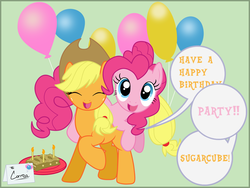Size: 970x730 | Tagged: dead source, safe, artist:volmise, applejack, pinkie pie, earth pony, pony, g4, apple fritter (food), balloon, card, dialogue, duo, duo female, female, green background, happy, lesbian, mare, open mouth, open smile, photoshop, ship:applepie, shipping, simple background, smiling