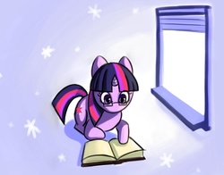 Size: 900x705 | Tagged: dead source, safe, artist:ninjaham, twilight sparkle, pony, unicorn, g4, acdsee, book, female, glasses, mare, prone, reading, solo, window