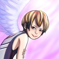 Size: 1300x1300 | Tagged: dead source, safe, artist:ninjaham, human, g4, acdsee, blushing, female, humanized, looking at you, smiling, solo, winged humanization, wings