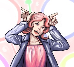 Size: 1100x1000 | Tagged: dead source, safe, artist:ninjaham, pinkie pie, human, g4, abstract background, acdsee, alternate hairstyle, female, happy, humanized, light skin, open mouth, open smile, smiling, solo, wavy hair