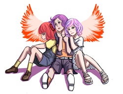 Size: 2600x2000 | Tagged: dead source, safe, artist:ninjaham, apple bloom, scootaloo, sweetie belle, human, g4, acdsee, clothes, cutie mark crusaders, dress, female, high res, humanized, simple background, sitting, trio, winged humanization, wings