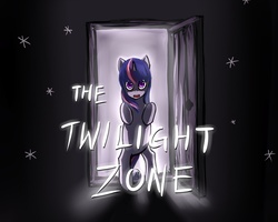 Size: 1250x1000 | Tagged: dead source, safe, artist:ninjaham, twilight sparkle, pony, unicorn, g4, acdsee, bipedal, crossover, door, female, looking at you, mare, pun, rearing, solo, text, the twilight zone