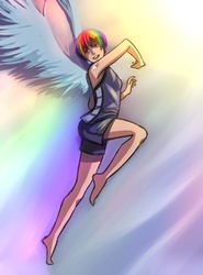 Size: 1275x1725 | Tagged: dead source, safe, artist:ninjaham, rainbow dash, ambiguous species, human, acdsee, armpits, barefoot, clothes, feet, female, flight, flying, gym shorts, humanized, multicolored background, multicolored hair, open mouth, pink eyes, rainbow hair, repdigit milestone, short hair, short hair rainbow dash, shorts, skinny, smiling, solo, spread wings, tanktop, winged humanization, wings