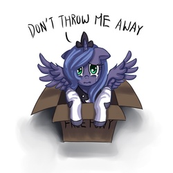 Size: 750x750 | Tagged: dead source, safe, artist:ninjaham, princess luna, alicorn, pony, acdsee, clothes, crying, cute, female, filly, looking at you, lunabetes, pony in a box, s1 luna, sad, socks, solo, woona