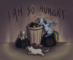 Size: 1100x900 | Tagged: dead source, safe, artist:ninjaham, rainbow dash, cat, pegasus, pony, g4, acdsee, crying, female, homeless, hungry, lonely, mare, sad, solo, trash, trash can
