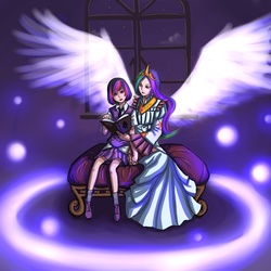 Size: 1500x1500 | Tagged: dead source, safe, artist:ninjaham, princess celestia, twilight sparkle, human, g4, acdsee, alternate hairstyle, book, clothes, dress, duo, duo female, female, humanized, night, short hair, sitting, skirt, winged humanization, wings