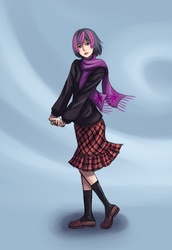 Size: 1000x1450 | Tagged: dead source, safe, artist:ninjaham, twilight sparkle, human, g4, abstract background, acdsee, clothes, female, humanized, scarf, skirt, solo