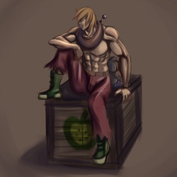 Size: 1500x1500 | Tagged: dead source, safe, artist:ninjaham, big macintosh, human, g4, acdsee, clothes, crate, humanized, male, muscles, muscular male, partial nudity, solo, topless