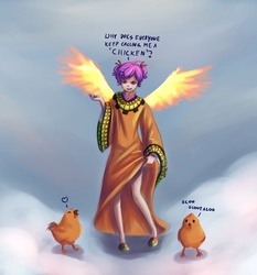 Size: 1400x1500 | Tagged: dead source, safe, artist:ninjaham, scootaloo, chicken, human, g4, acdsee, clothes, female, humanized, robe, scootachicken, skinny, solo, thin, winged humanization, wings