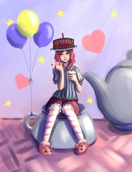 Size: 1275x1650 | Tagged: source needed, useless source url, safe, artist:ninjaham, pinkie pie, human, g4, acdsee, balloon, cake, cupcake, female, hat, humanized, sitting, solo
