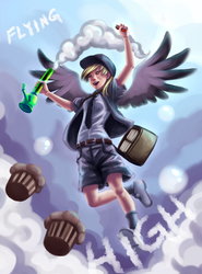 Size: 1275x1725 | Tagged: dead source, safe, artist:ninjaham, derpy hooves, human, g4, acdsee, bong, drugs, female, flying, humanized, mail, mailmare, muffin, pun, skinny, solo, thin, winged humanization, wings