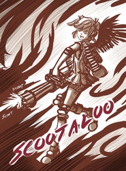 Size: 1275x1725 | Tagged: dead source, safe, artist:ninjaham, scootaloo, human, g4, acdsee, female, gun, humanized, minigun, monochrome, solo, weapon, winged humanization, wings