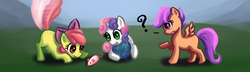 Size: 1000x288 | Tagged: dead source, safe, artist:ninjaham, apple bloom, scootaloo, sweetie belle, earth pony, mouse, pegasus, pony, unicorn, g4, adorabloom, behaving like a cat, cute, cutealoo, cutie mark crusaders, diasweetes, female, filly, kitty belle, kitty bloom, question mark, toy mouse, trio, yarn, yarn ball