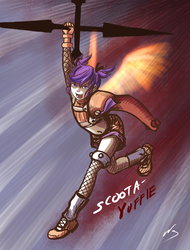 Size: 1175x1550 | Tagged: dead source, safe, artist:ninjaham, scootaloo, human, g4, abstract background, acdsee, crossover, female, final fantasy, final fantasy vii, humanized, midriff, open mouth, solo, weapon, winged humanization, wings, yuffie kisaragi