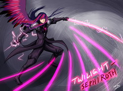 Size: 1725x1275 | Tagged: dead source, safe, artist:ninjaham, twilight sparkle, human, g4, abstract background, acdsee, crossover, female, final fantasy, humanized, sephiroth, solo, sword, winged humanization, wings