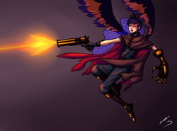 Size: 1725x1275 | Tagged: dead source, safe, artist:ninjaham, princess luna, human, g4, acdsee, crossover, female, final fantasy, final fantasy vii, gradient background, gun, humanized, skinny, solo, thin, vincent valentine, winged humanization, wings