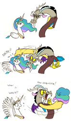 Size: 881x1492 | Tagged: safe, artist:mickeymonster, discord, princess celestia, alicorn, draconequus, pony, g4, angry, bald, celestia is not amused, comic, cotton candy, discord being discord, female, food, hilarious in hindsight, mane, mare, modular, photoshop, simple background, this will end in petrification, troll, varying degrees of amusement, white background