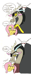Size: 518x1215 | Tagged: safe, artist:mickeymonster, discord, fluttershy, draconequus, pegasus, pony, squeezin' it, g4, adorable distress, behaving like a cat, comic, cute, duo, eyepatch, female, fluttercat, james bond, mare, meep, meow, parody, photoshop, shyabetes, simple background, white background