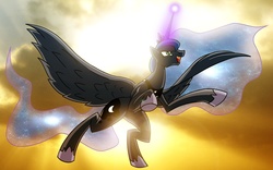 Size: 1920x1200 | Tagged: safe, artist:atomic-chinchilla, princess luna, alicorn, pony, g4, action pose, backlighting, female, flying, magic, mare, photoshop, solo, spread wings, wings