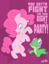 Size: 500x647 | Tagged: safe, artist:kevinbolk, gummy, pinkie pie, earth pony, pony, g4, beastie boys, colored pupils, cutie mark background, dancing, female, fight for your right, happy, mare, open mouth, open smile, photoshop, rearing, smiling, song reference