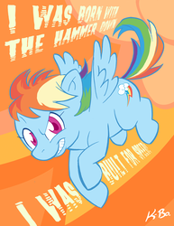 Size: 500x647 | Tagged: safe, artist:kevinbolk, rainbow dash, pegasus, pony, g4, built for speed, colored pupils, cutie mark background, female, flying, grin, heavy metal, looking at you, mare, motorhead, photoshop, raised eyebrow, solo, song reference, spread wings
