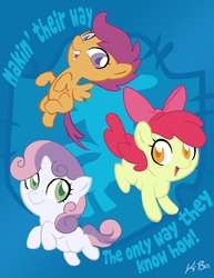 Size: 600x776 | Tagged: safe, artist:kevinbolk, apple bloom, scootaloo, sweetie belle, earth pony, pegasus, pony, unicorn, g4, colored pupils, cutie mark crusaders, female, filly, photoshop, song reference, the dukes of hazzard, waylon jennings