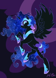 Size: 600x840 | Tagged: safe, artist:kevinbolk, nightmare moon, alicorn, pony, g4, abstract background, action pose, ethereal mane, female, hoof shoes, mare, moon, photoshop, rearing, solo, starry mane
