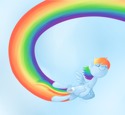Size: 800x736 | Tagged: safe, artist:sorckylo, rainbow dash, pegasus, pony, g4, blue sky, eyes closed, female, flying, happy, mare, outdoors, rainbow, rainbow trail, sky, smiling, solo, spread wings, wings