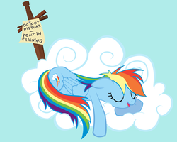 Size: 2560x2048 | Tagged: safe, artist:pirill, rainbow dash, pegasus, pony, g4, advertisement, cloud, eyes closed, female, floppy ears, high res, hooves, lying on a cloud, mare, newbie artist training grounds, on a cloud, open mouth, photoshop, prone, sleeping, sleepydash, solo, text, wings