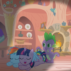 Size: 3285x3285 | Tagged: safe, artist:somepony, rainbow dash, spike, twilight sparkle, dragon, pegasus, pony, unicorn, g4, blanket, cuddling, cute, female, fireplace, golden oaks library, high res, hnnng, hug, lesbian, lesbian in front of boys, male, mare, photoshop, ship:twidash, shipping, sleeping, snuggling, winghug