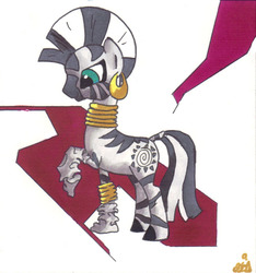 Size: 846x905 | Tagged: safe, artist:jump-cut, zecora, pony, zebra, g4, abstract background, clothes, female, photoshop, raised hoof, socks, solo, traditional art