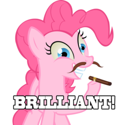 Size: 950x950 | Tagged: source needed, safe, artist:королева кошек, pinkie pie, earth pony, pony, g4, brilliant, cigar, female, image macro, mare, meme, moustache, open mouth, reaction image, simple background, smiling, solo, transparent background