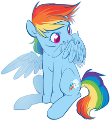 Size: 638x705 | Tagged: dead source, safe, artist:clovercoin, rainbow dash, pegasus, pony, g4, biting, cute, dashabetes, female, mare, preening, simple background, sitting, solo, white background, wing bite