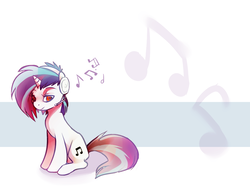 Size: 1600x1200 | Tagged: safe, artist:imalou, dj pon-3, vinyl scratch, pony, unicorn, g4, cutie mark background, female, headphones, mare, music notes, red eyes, sitting, solo, wrong eye color