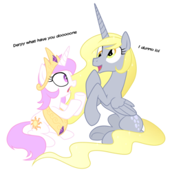 Size: 2000x2000 | Tagged: safe, artist:equestria-prevails, derpy hooves, princess celestia, alicorn, pony, unicorn, g4, clothes, cute, cutelestia, derpabetes, derpicorn, dialogue, duo, epic derpy, female, filly, foal, high res, i dunno lol, i just don't know what went wrong, loose fitting clothes, mare, pink-mane celestia, princess derpy, race swap, role reversal, shrunklestia, simple background, sweet dreams fuel, this will end in tears, transparent background, unicorn celestia, wat, what have you done?!, why, xk-class end-of-the-world scenario