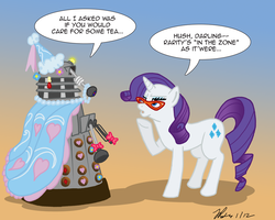 Size: 1000x800 | Tagged: safe, artist:the_gneech, part of a set, rarity, pony, unicorn, g4, adobe imageready, clothes, crossover, dalek, dialogue, doctor who, dress, female, glasses, gradient background, mare, rarity's glasses