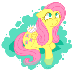 Size: 551x534 | Tagged: safe, artist:steeve, fluttershy, pegasus, pony, g4, abstract background, adobe imageready, female, floppy ears, flower, looking up, lotus (flower), mare, prone, simple background, solo, transparent background