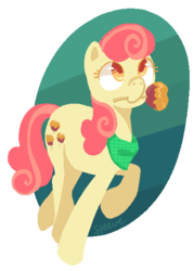 Size: 396x554 | Tagged: safe, artist:steeve, apple bumpkin, earth pony, pony, g4, abstract background, adobe imageready, apple family member, bandana, caramel apple (food), female, mare, mouth hold, simple background, solo, transparent background